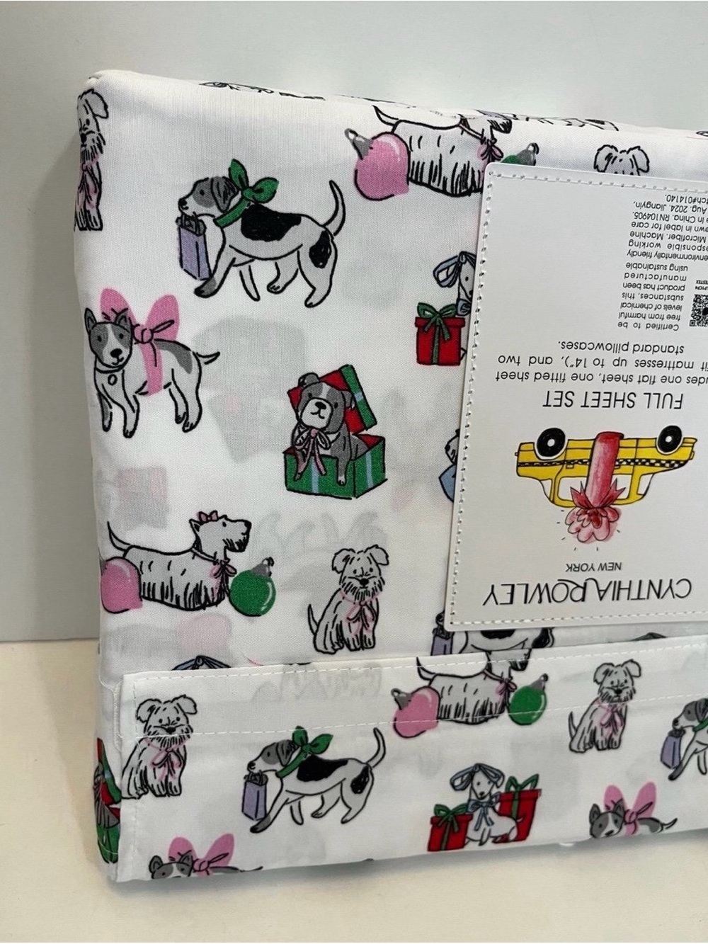 Cynthia Rowley Puppy Cheer Full Size Sheet Set Presents Bows Ornaments Gifts - Picture 10 of 11